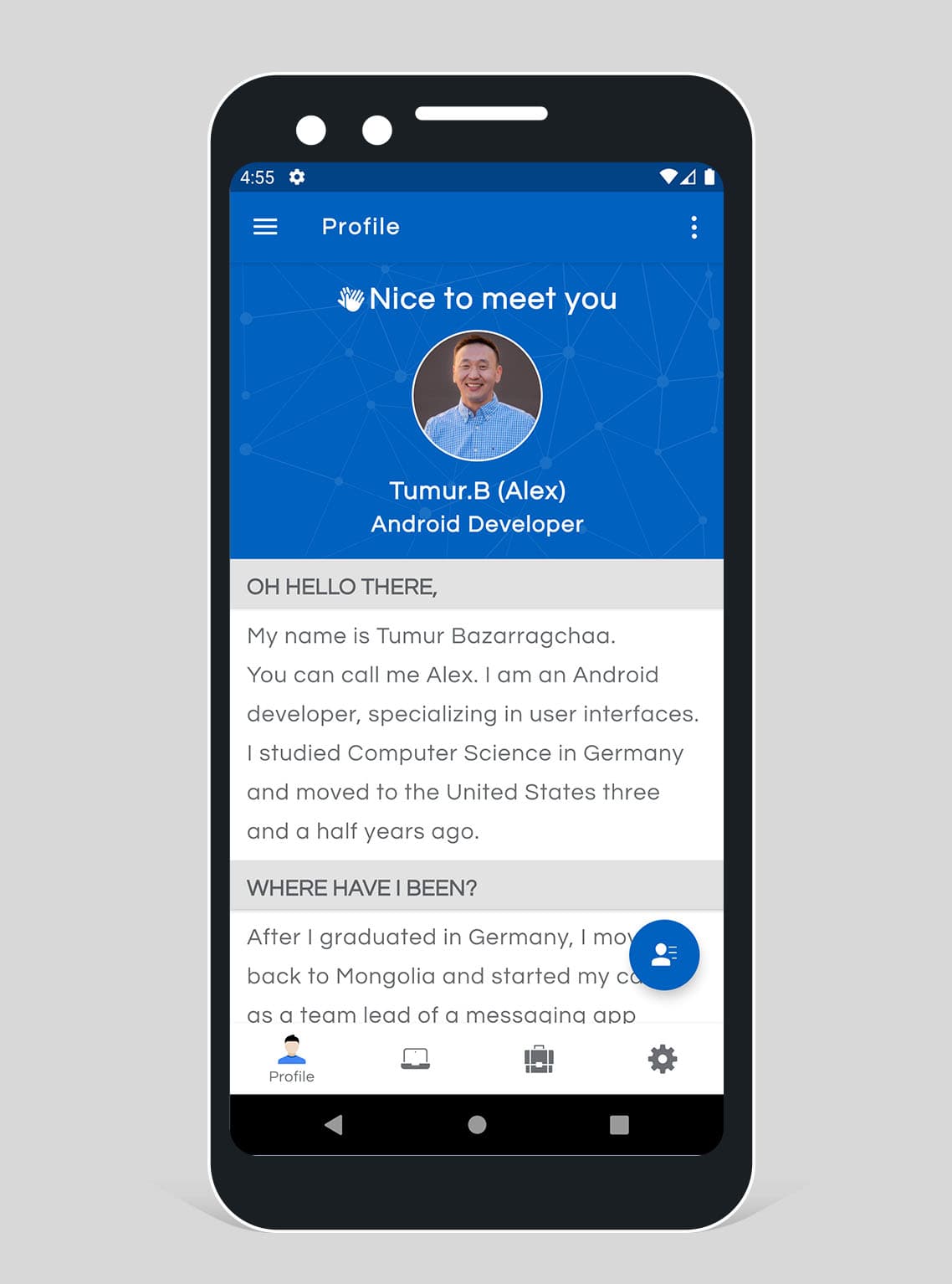 Original Android portfolio app profile screen in light theme