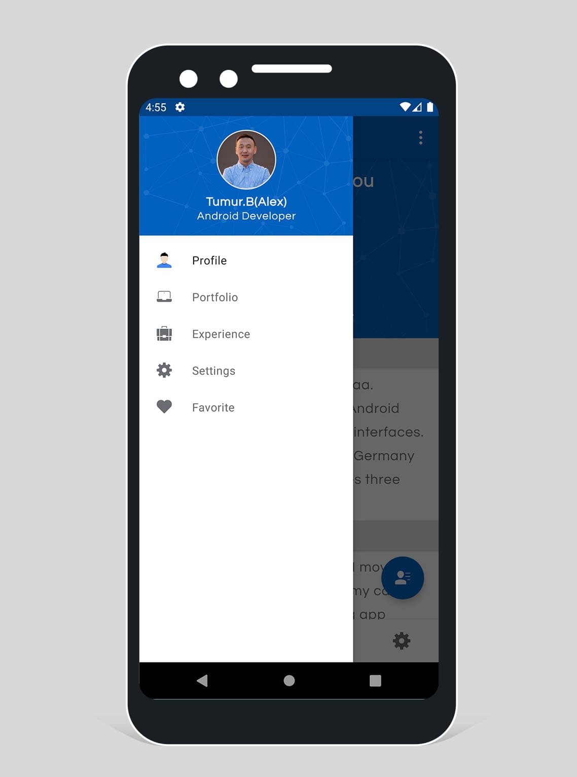 Original Android portfolio app navigation drawer in light theme