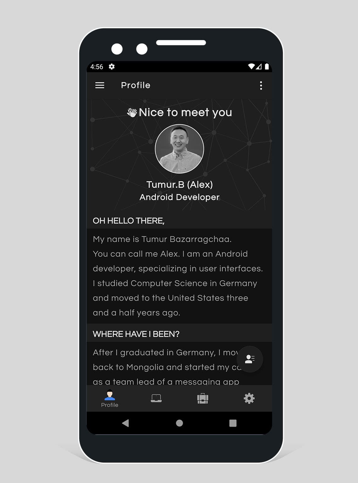 Original Android portfolio app profile screen in dark theme