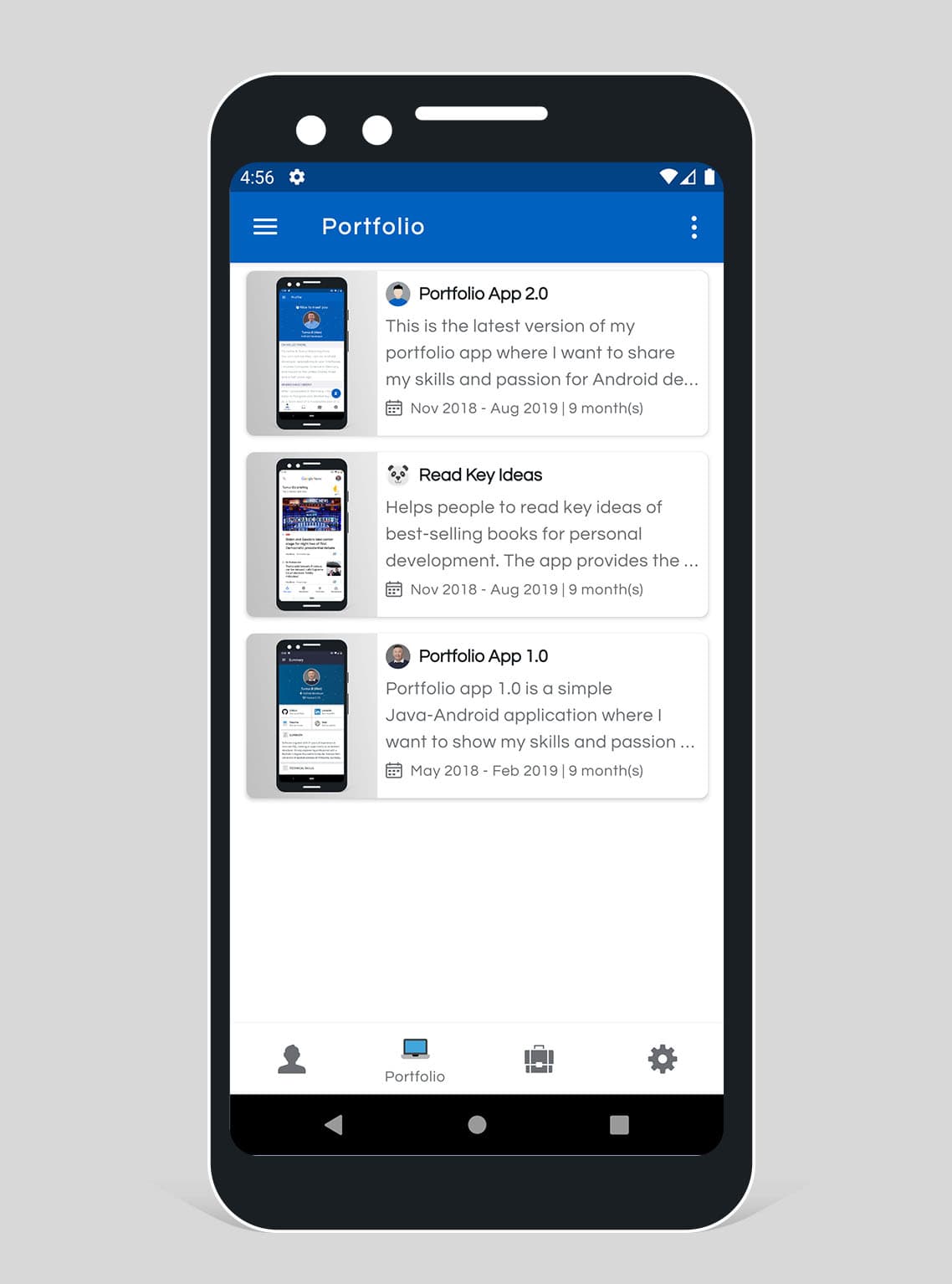 Original Android portfolio app portfolio list screen