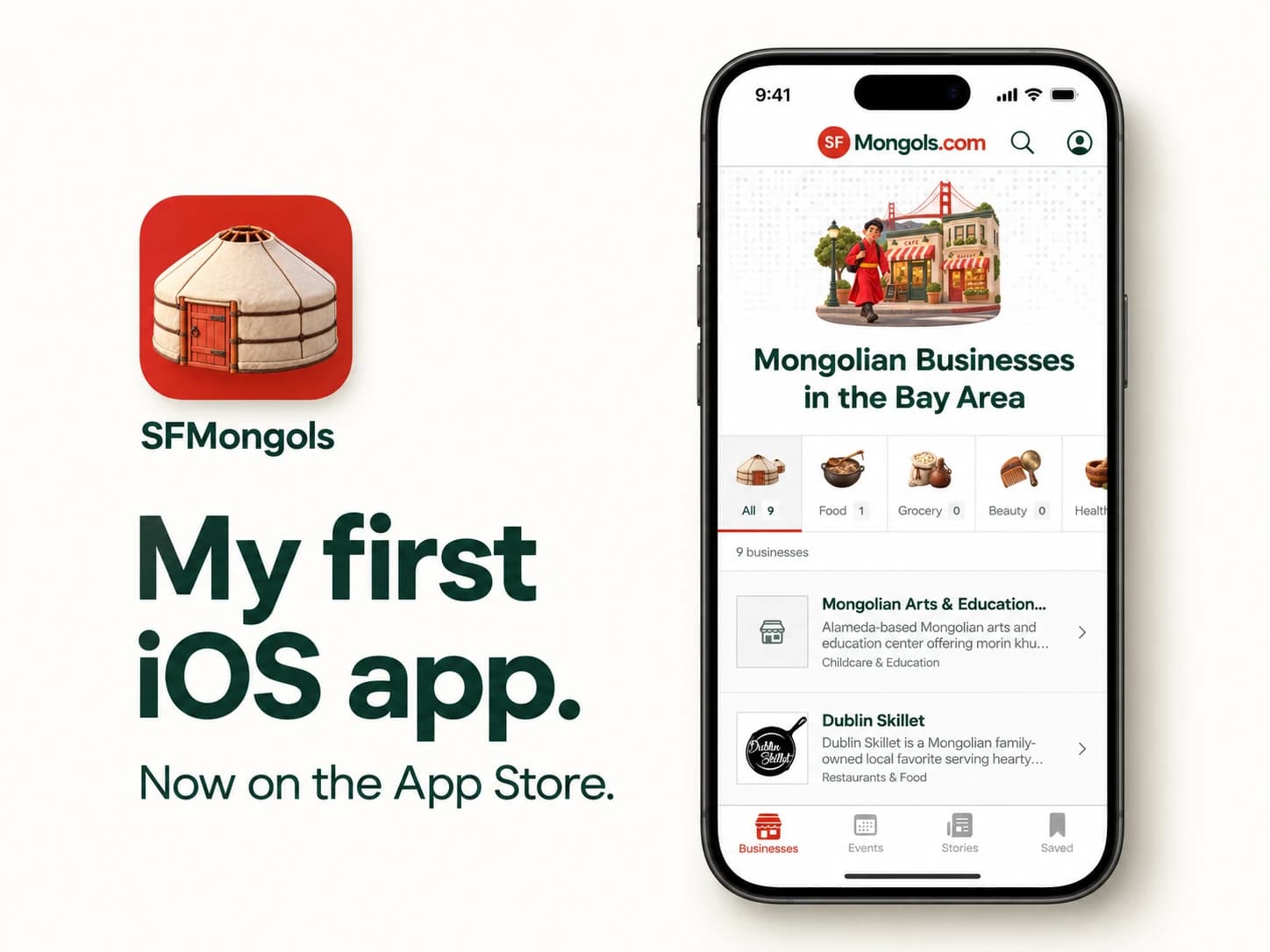 SFMongols iOS app icon and business directory screenshot announcing its App Store launch