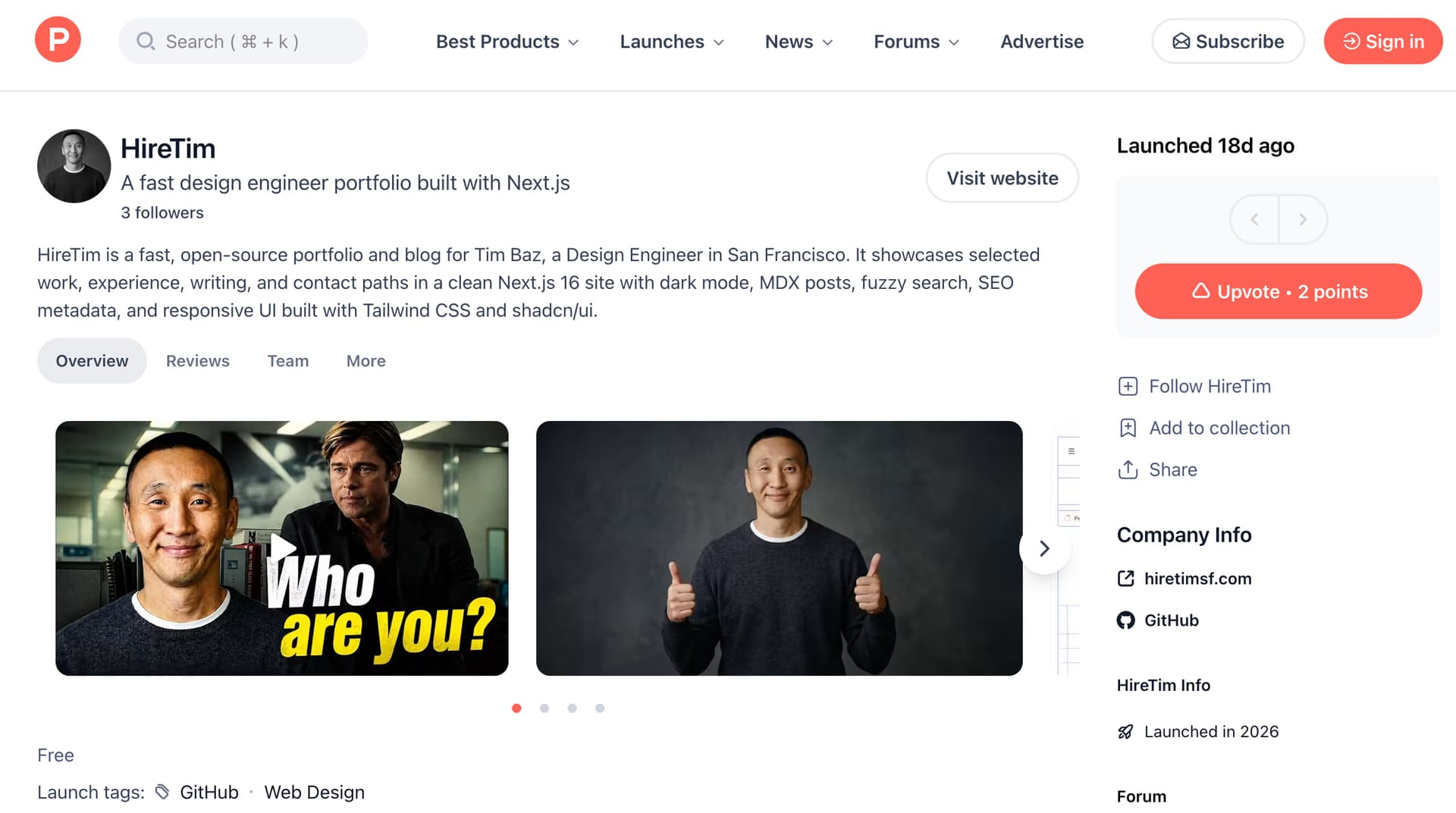 HireTim Product Hunt launch page showing the portfolio website listing