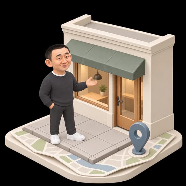 Miniature Tim standing beside a storefront and location pin
