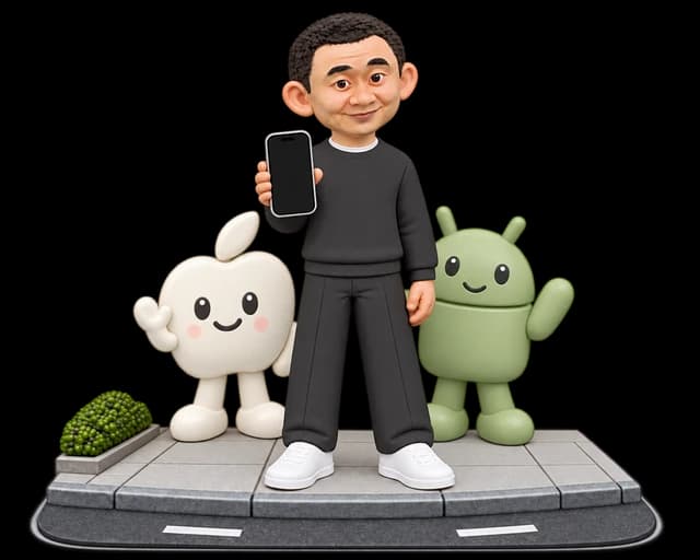 Miniature Tim holding a black-screen phone on a street with smaller, softly colored iOS and Android characters behind him