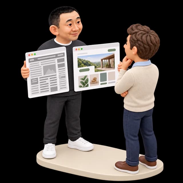Miniature Tim presenting old and redesigned website previews to a customer