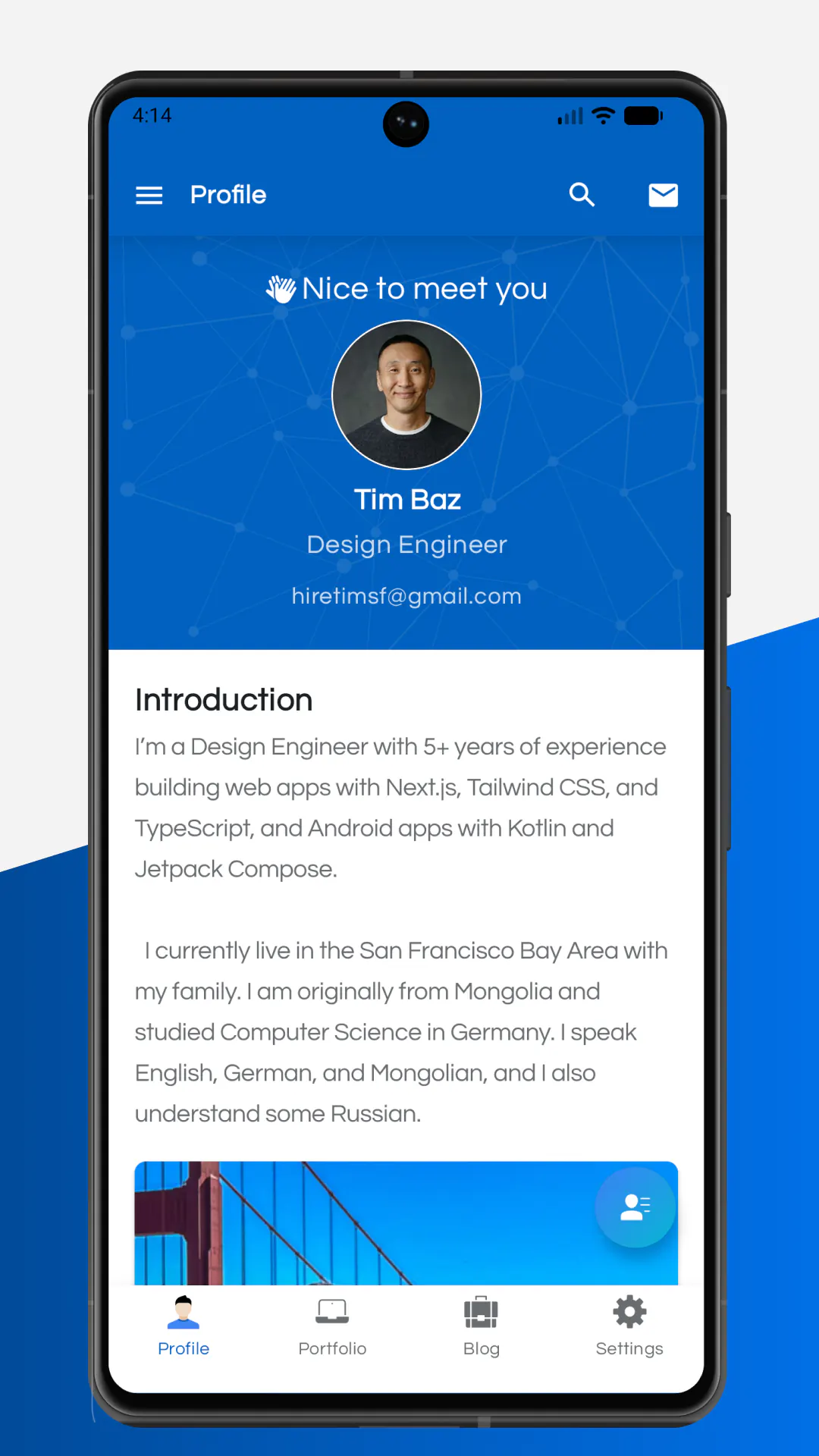 Hire Tim Android app profile screen in light mode